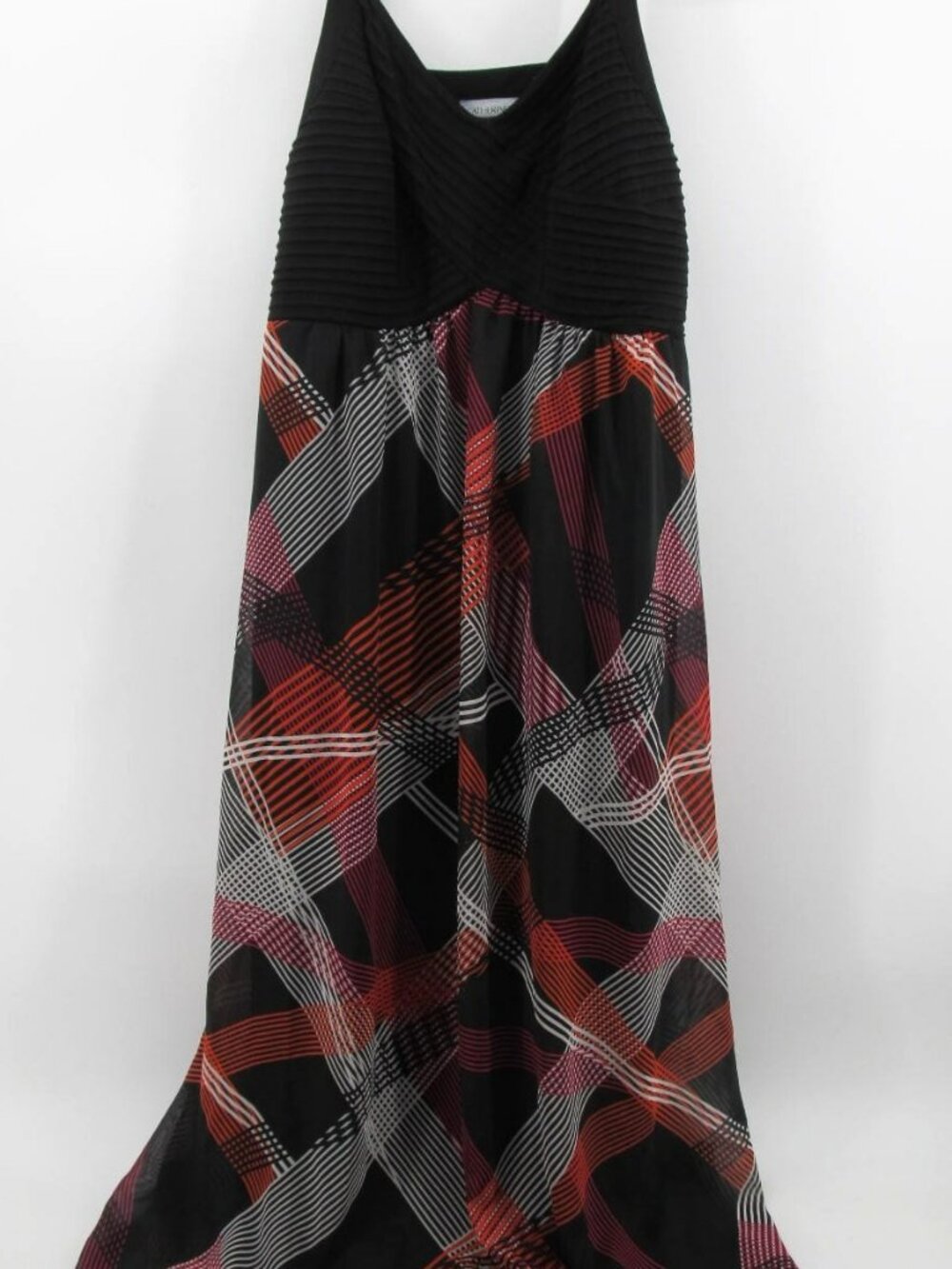CATHERINES SLEVLESS MAXI DRESS SZ 20W BLACK TOP w BLACK WHITE RED PLAID BOTTOM
